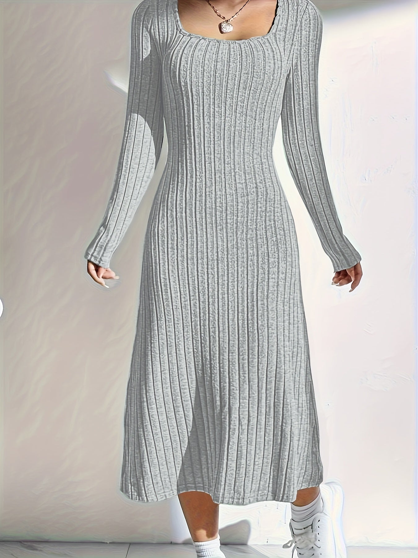 Women'S Ribbed Knit Long Sleeve Midi Dress, Casual Collar, Solid Color, Polyester, Fitted for Spring/Summer/Fall