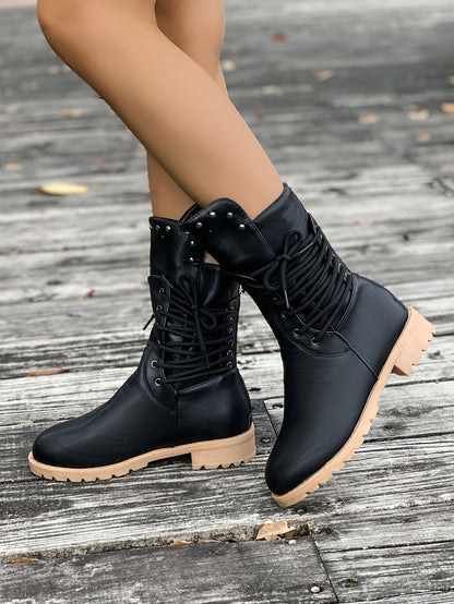 Women's Fashionable Mid-Calf Boots with Rivet Detail - Chunky Heel, Plush Lined for Winter Comfort, Side Zipper Closure