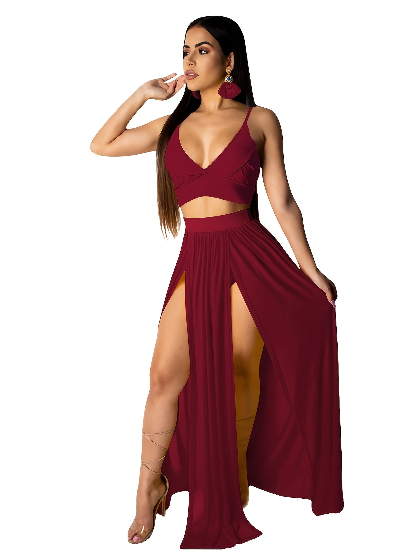 Women Sexy Dress 2pcs Skirt Outfits Strap Bra Crop Top & High Split Chiffon Skirt Goddess Dresses Set