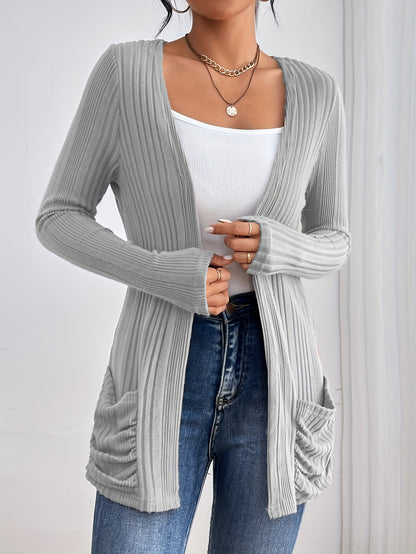 Womens Soft Rib Knit Cardigan - Solid Open Front, Slim Fit with Pockets - Long Sleeve Casual Wear for Everyday Fashion