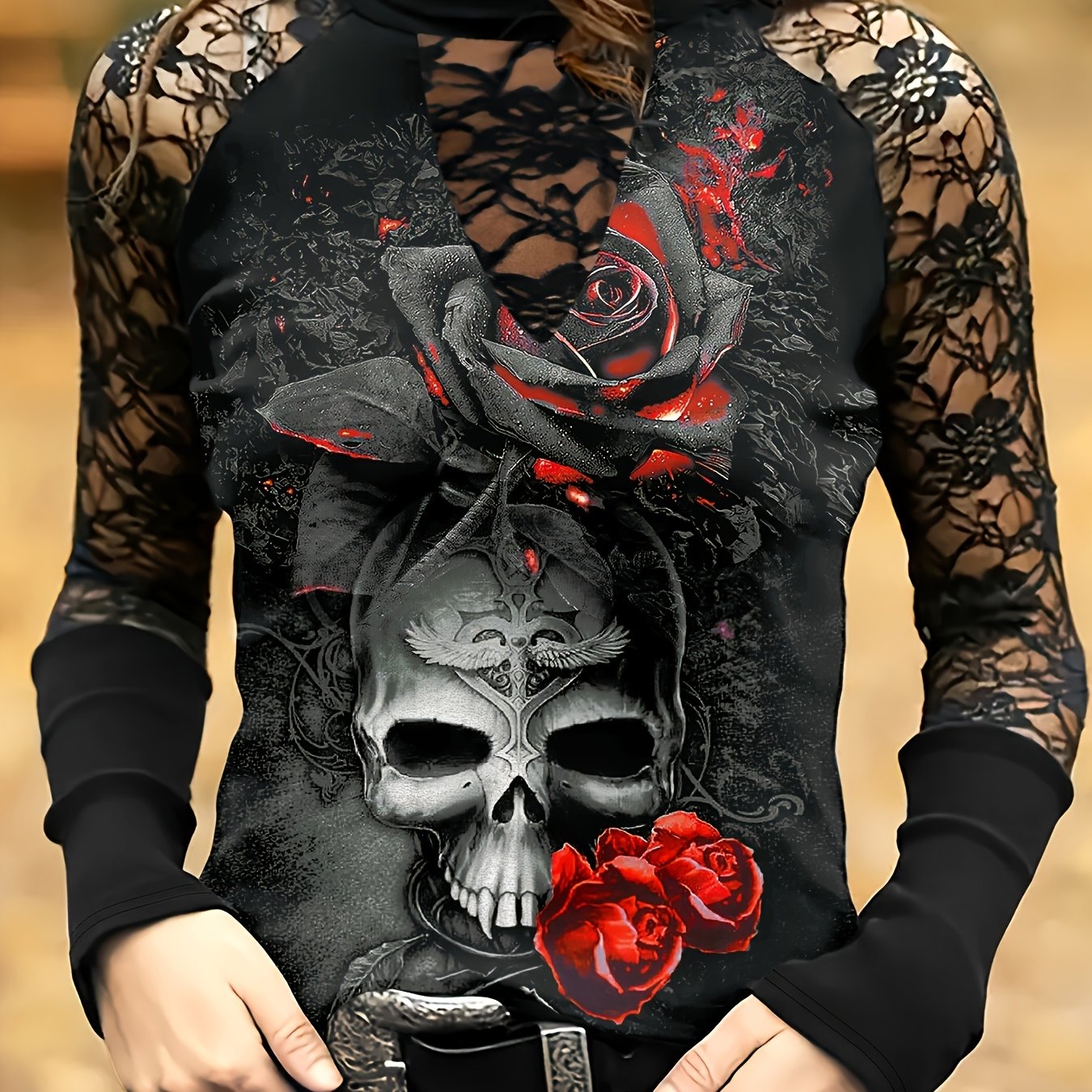 1pc Gothic Floral Skull Print Long Sleeve T-Shirt for Women, Casual Stand Collar Knit Polyester and Spandex Top, All-Season Regular Length Tee