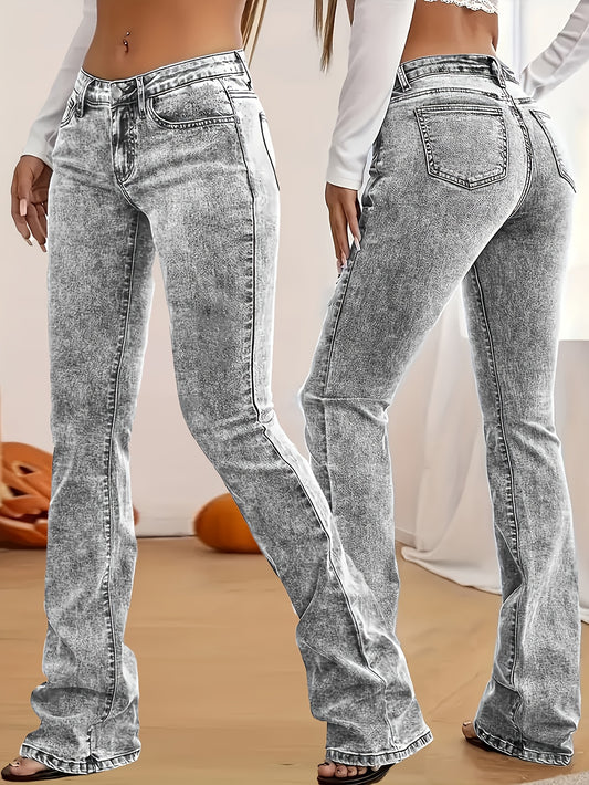 Women'S Casual Skinny Flare Jeans, 70% Viscose 24% Polyester 6% Spandex, Long Length, Low Waist, Button Fly, Medium Stretch