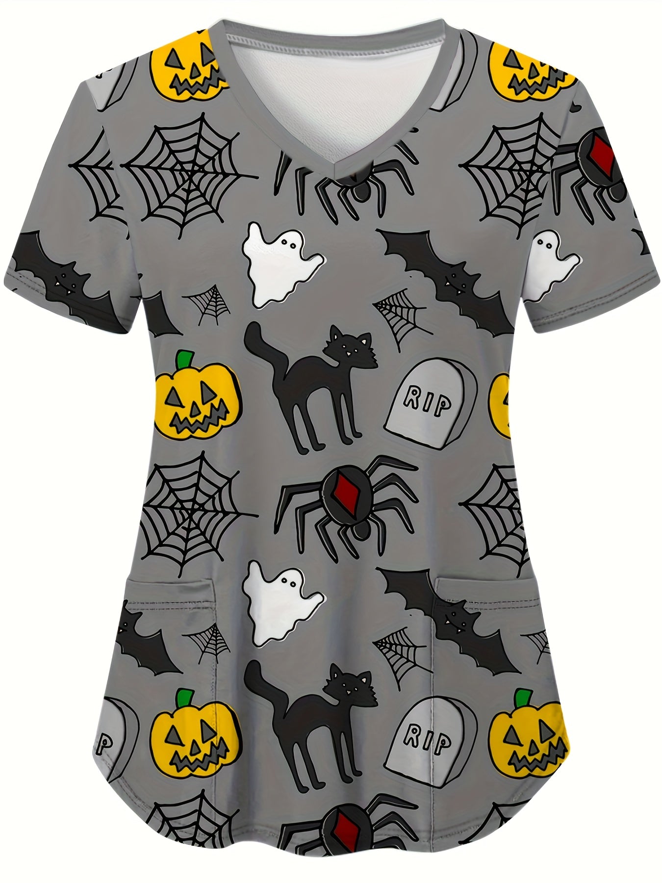 Halloween Print V-neck Scrub Top, Comfortable & Functional Health Care Uniform Top, Perfect For Working In Hospitals & Dental Office, Women's Work Clothing