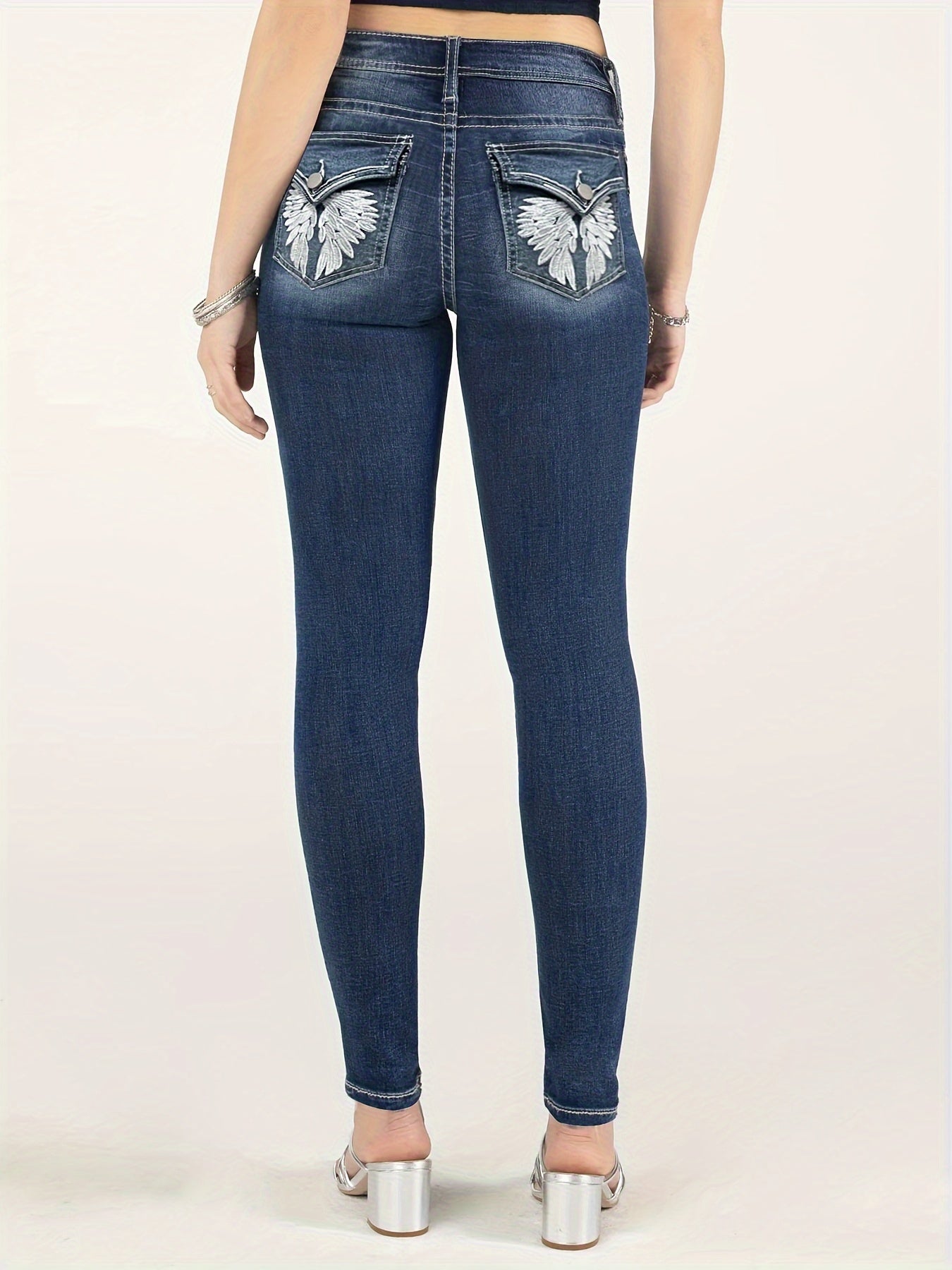 Classic High-Waisted Jeans For Women, Stretch Cotton Blend, Embroidered Design - LuxyXO