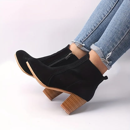 Womens Stylish Block Heel Ankle Boots - Casual Side Zipper Design for Effortless Chic - All-Day Comfortable Short Boots