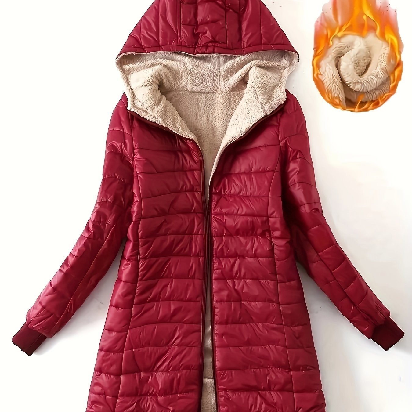 Zip-up Puffy Hoodie Coat, Casual Thermal Long Sleeve Coat For Fall & Winter, Women's Clothing