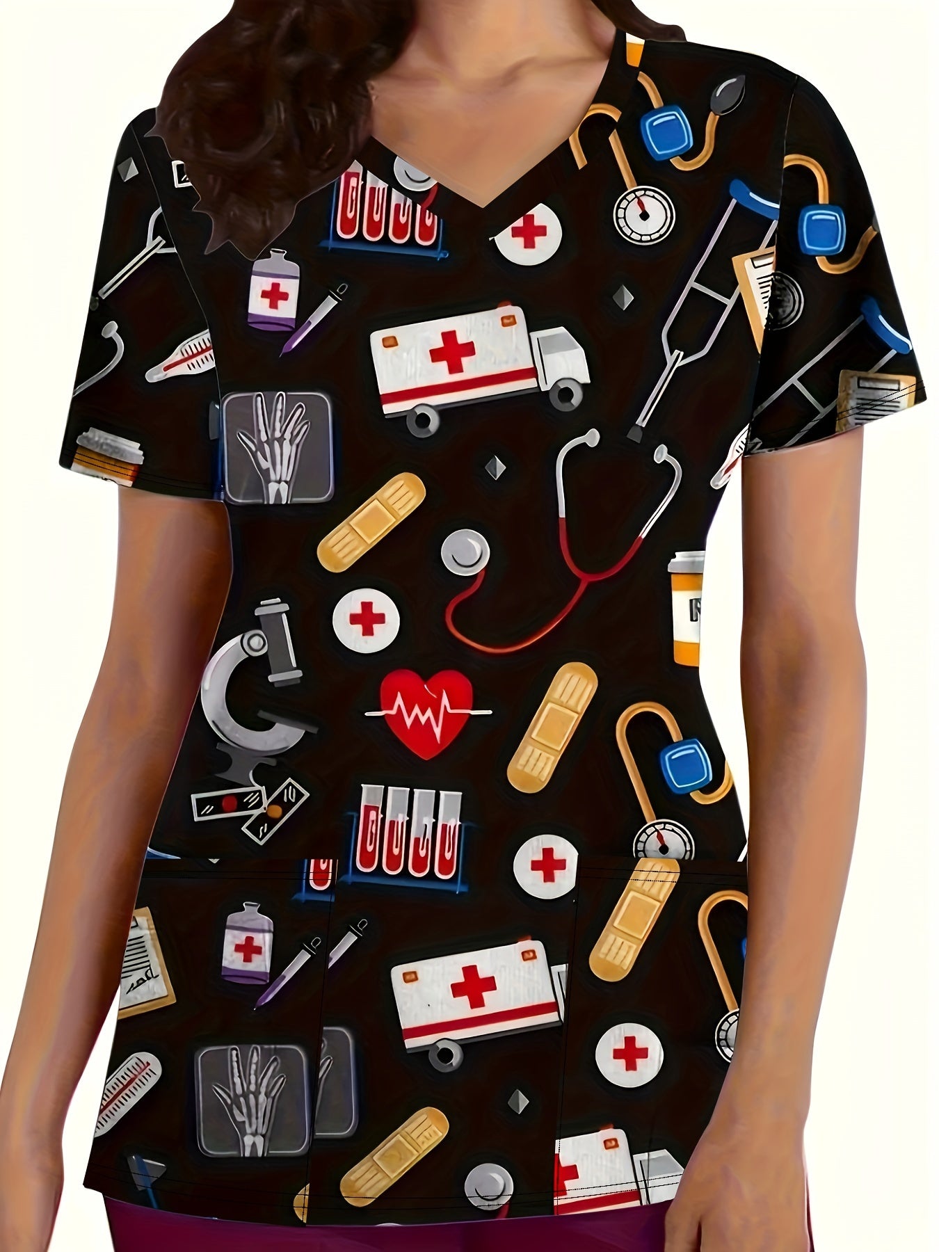 Women's V-Neck Nurse Scrub Top - Casual Polyester, Machine Washable with Geometric Print for Spring/Summer/Fall