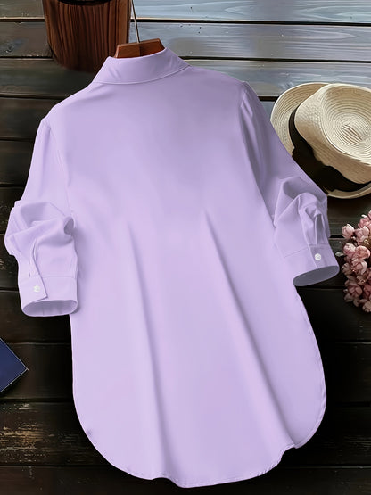 Blusa elegante de talla grande con dobladillo curvo, diseño de cuello con botones suaves en la parte delantera, ropa informal cómoda para primavera, ropa favorecedora de talla grande para mujer para el trabajo o la vida diaria