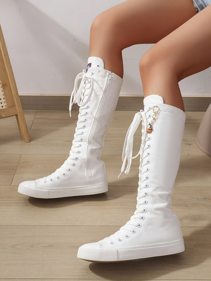 Botas de lona hasta la rodilla para mujer - Zapatos planos de moda con cremallera interior y colgante de decoración de Halloween - Zapatos cómodos y versátiles para niñas y estudiantes