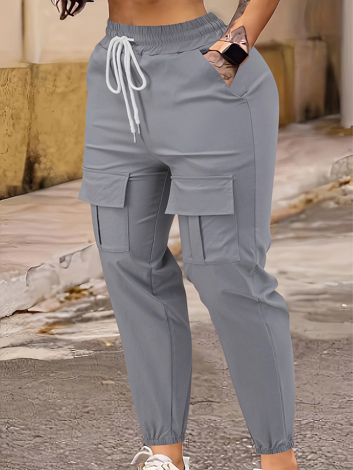 Plus Size Flap Pockets Fitted Bottom Cargo Pants, Casual Drawstring Pants