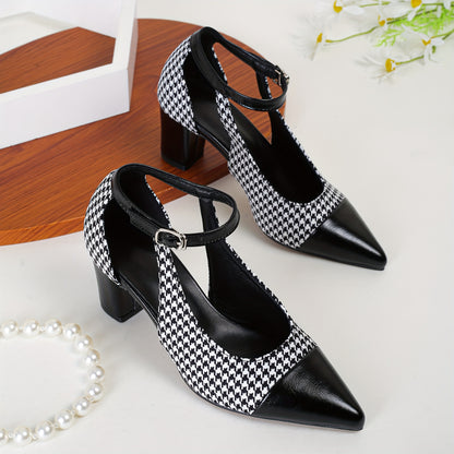 Mid Heel Womens Houndstooth Pattern Ankle Strap Shoes - Soft, Lightweight, Elegant Pointed Toe Dress Shoes with Block Heel, Faux Leather Insole, and Rubber Sole - Perfect for All-Season Wear