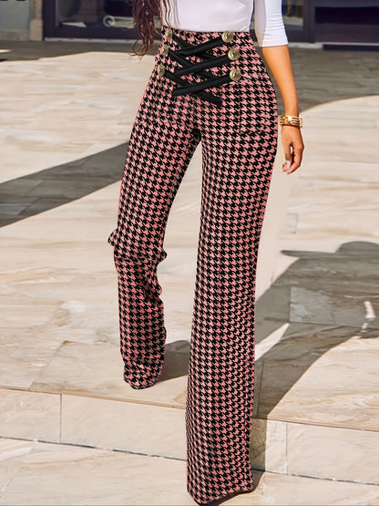 Stylish Houndstooth Wide-Leg Pants for Women - All-Season Comfort with Cross Tie Detail, Durable & Easy Care