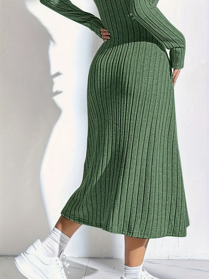 Women'S Ribbed Knit Long Sleeve Midi Dress, Casual Collar, Solid Color, Polyester, Fitted for Spring/Summer/Fall