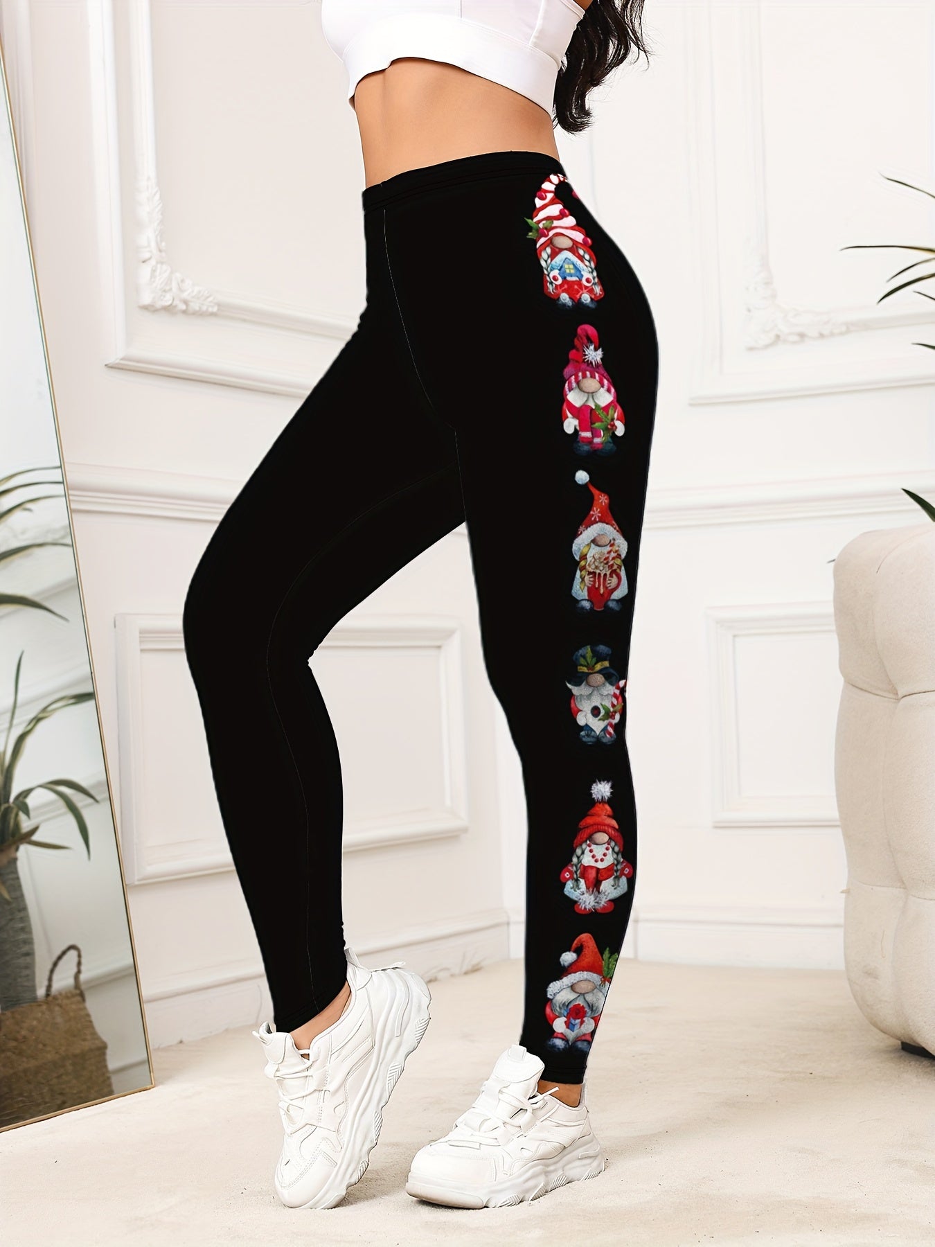 Leggings de yoga de cintura alta con estampado navideño festivo para mujer, pantalones deportivos de fitness de poliéster elástico, patrón asimétrico de Papá Noel, ajuste regular para todas las estaciones