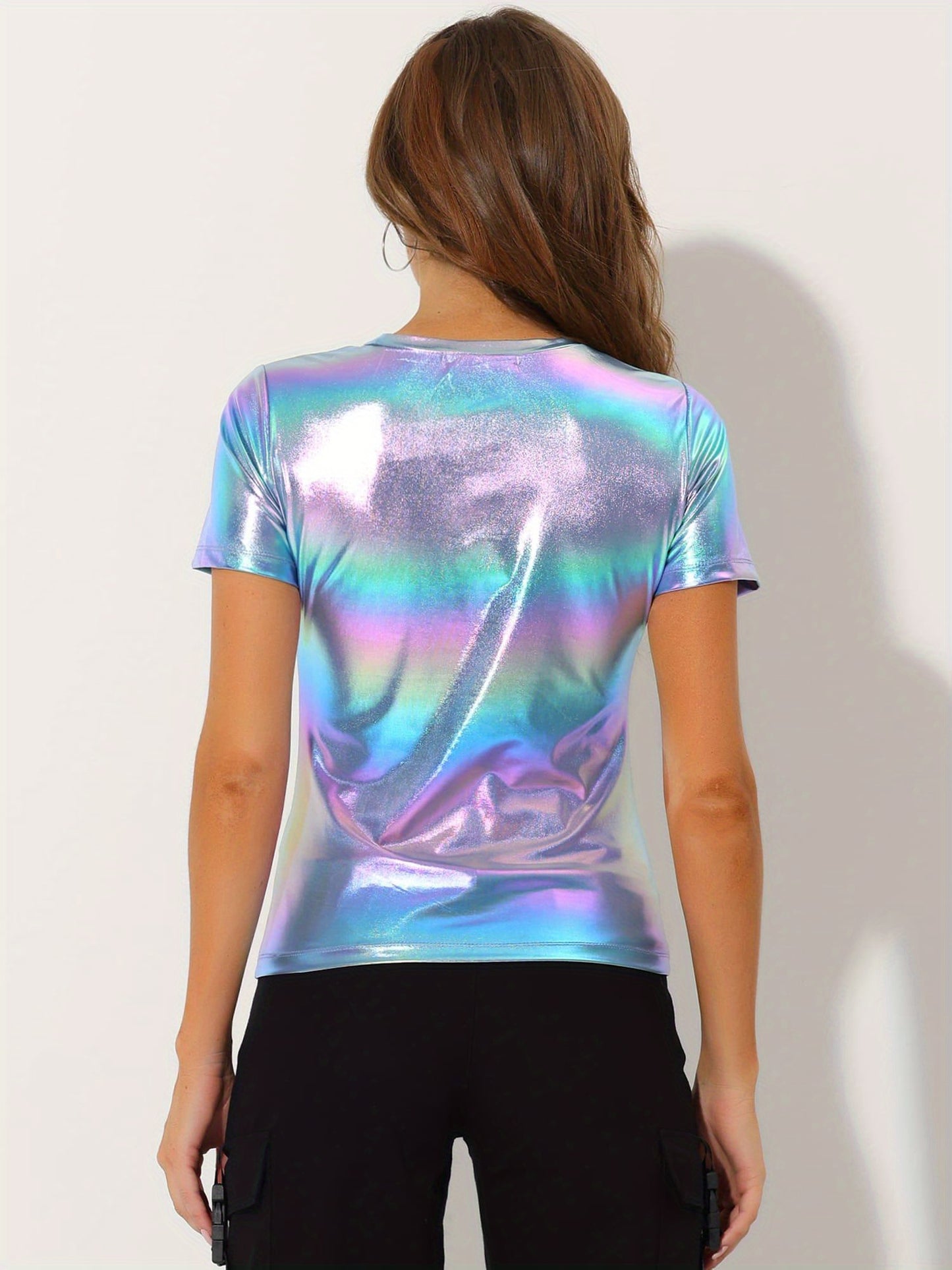 Camiseta holográfica brillante para mujer, mezcla de dacrón y licra, cuello redondo, largo normal, color liso, tela tejida, para verano, estilo sexy