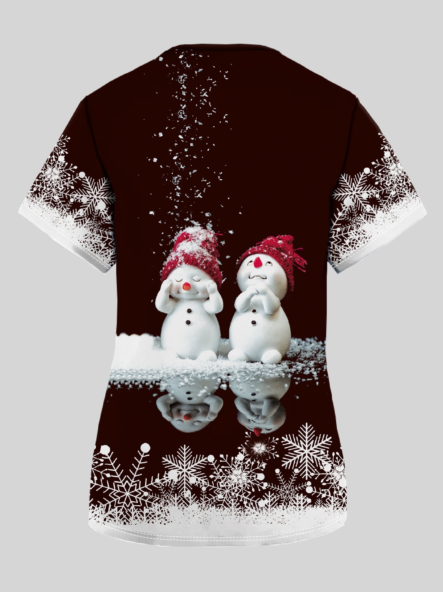 Blusa médica con estampado de muñeco de nieve navideño para enfermeras: linda camiseta de cuello en V para mujer, 95 % poliéster, 5 % elastano, tejido de punto para todas las estaciones con detalle de bloques de color