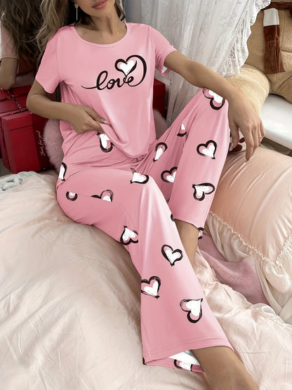 Heart & Letter Printed Womens Pajama Set - Soft, Short Sleeve Nightwear with Round Neck & Elastic Waist Pants - Comfy, Casual Sleep Style for Sweet Dreams - LuxyXO