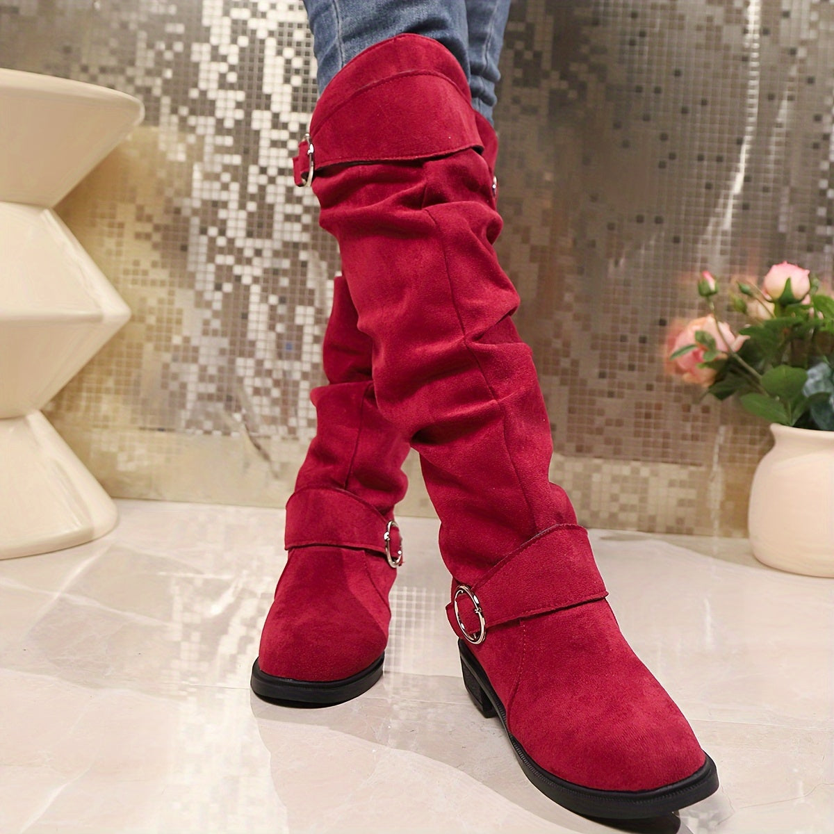 Trendy Solid Color Boots - Knee-High, Buckle Belt, Pull On, Chunky Heel, High Knee, Winter, Round Toe, Slouchy, Comfortable Boots for Women - LuxyXO