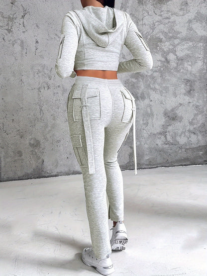 Women'S Casual Two-Piece Set Featuring a Stylish Solid Color Hoodie And Drawstring Sports Pants.