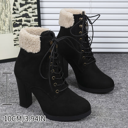 Women's Casual Mid-Calf Block Heel Boots with Fur Trim - Lace-up Round Toe Fabric Chelsea Booties for All-Season, High Heel, Solid Color, Taizhou Production Area - Dry Clean Only