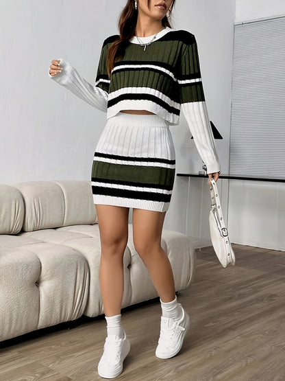 Round Neck Knitted Sweater And Bodycon Skirt Two-Piece Set