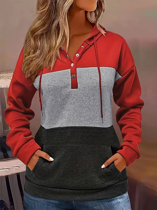 Sudadera con capucha y bolsillo tipo canguro en bloques de colores vibrantes: sudadera con capucha suave, informal, de manga larga con cordón y ajuste relajado: ropa cómoda para el día a día para mujer