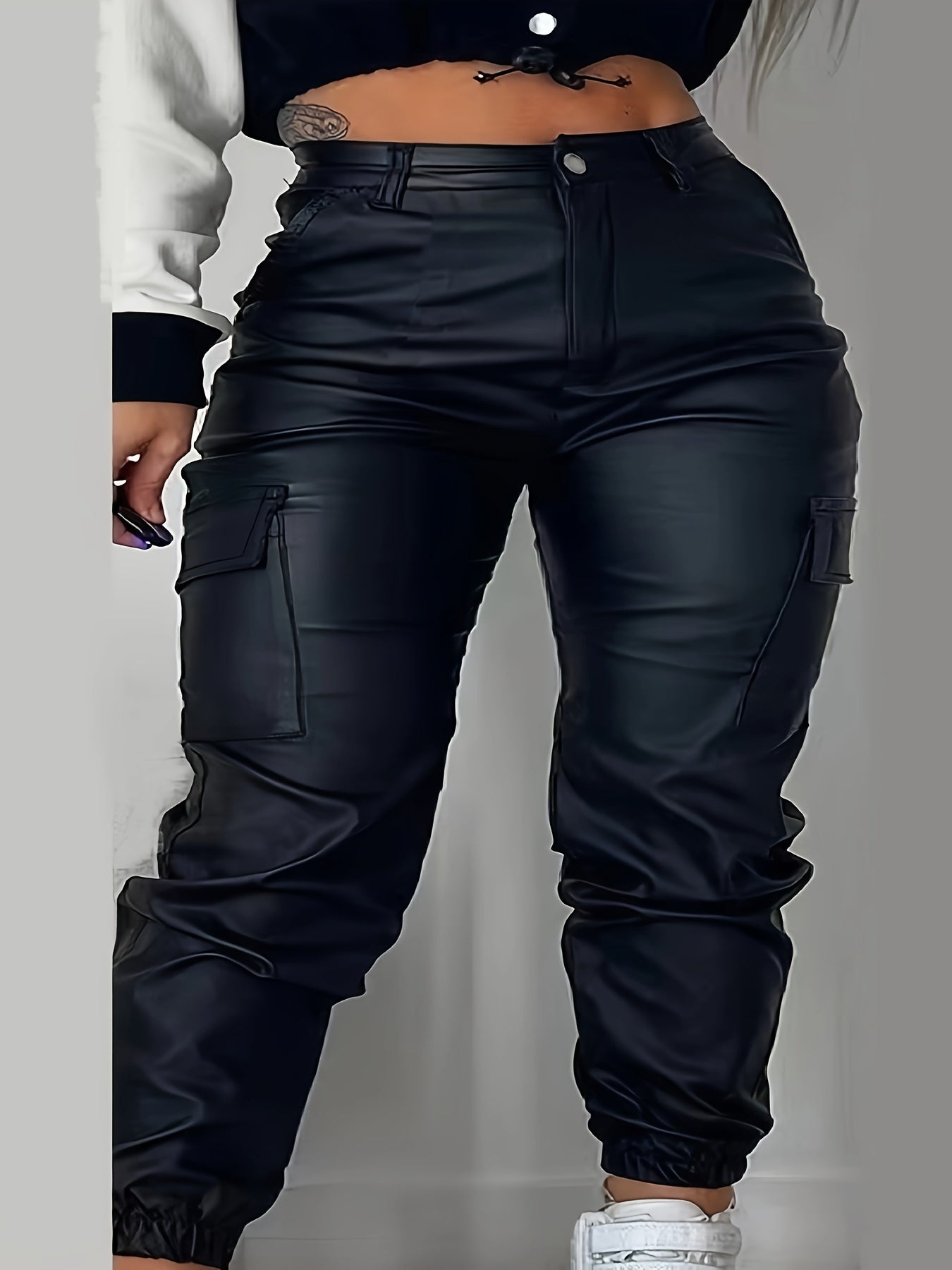 Plus Size Womens Street Style Long Length Coated Elastic Cargo Denim Jogger Pants - Stretchy, Zipper Fly, Button Details, Multiple Pockets - Perfect for Going Out, All-Season Wear, Slim Fit, Customized Style