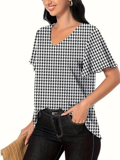 Blusa con escote en V y estampado de pata de gallo, elegante blusa con mangas con volantes para primavera y verano, ropa de mujer