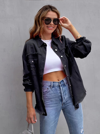 Plus-Size Distressed Denim Blazer Jacket for Women - Ripped Knee, Relaxed Fit, Casual Chic Style - Perfect for Summer Outings and Streetwear Fashion