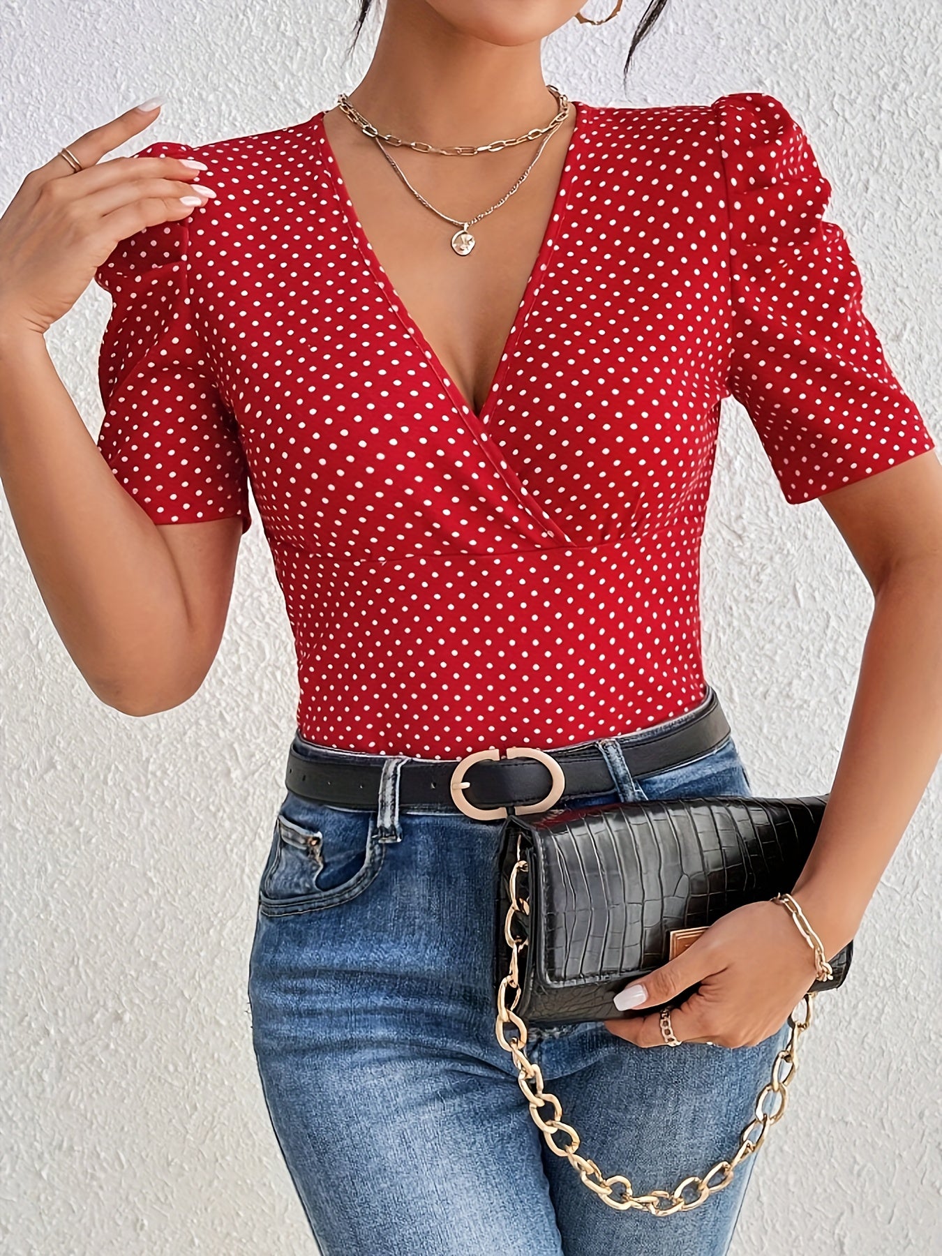 Allover Print V-neck Blouse, Vintage Puff Sleeve Blouse For Spring & Summer, Women's Clothing