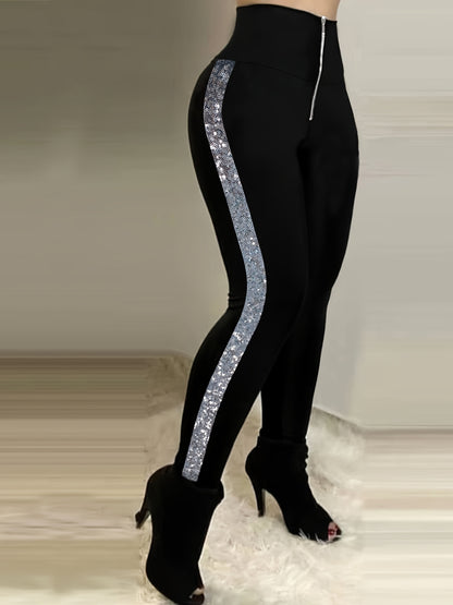 Women's Glam Sequin High-Waist Leggings - Stretchy, Zip Detail, Machine Washable - Perfect for All Seasons