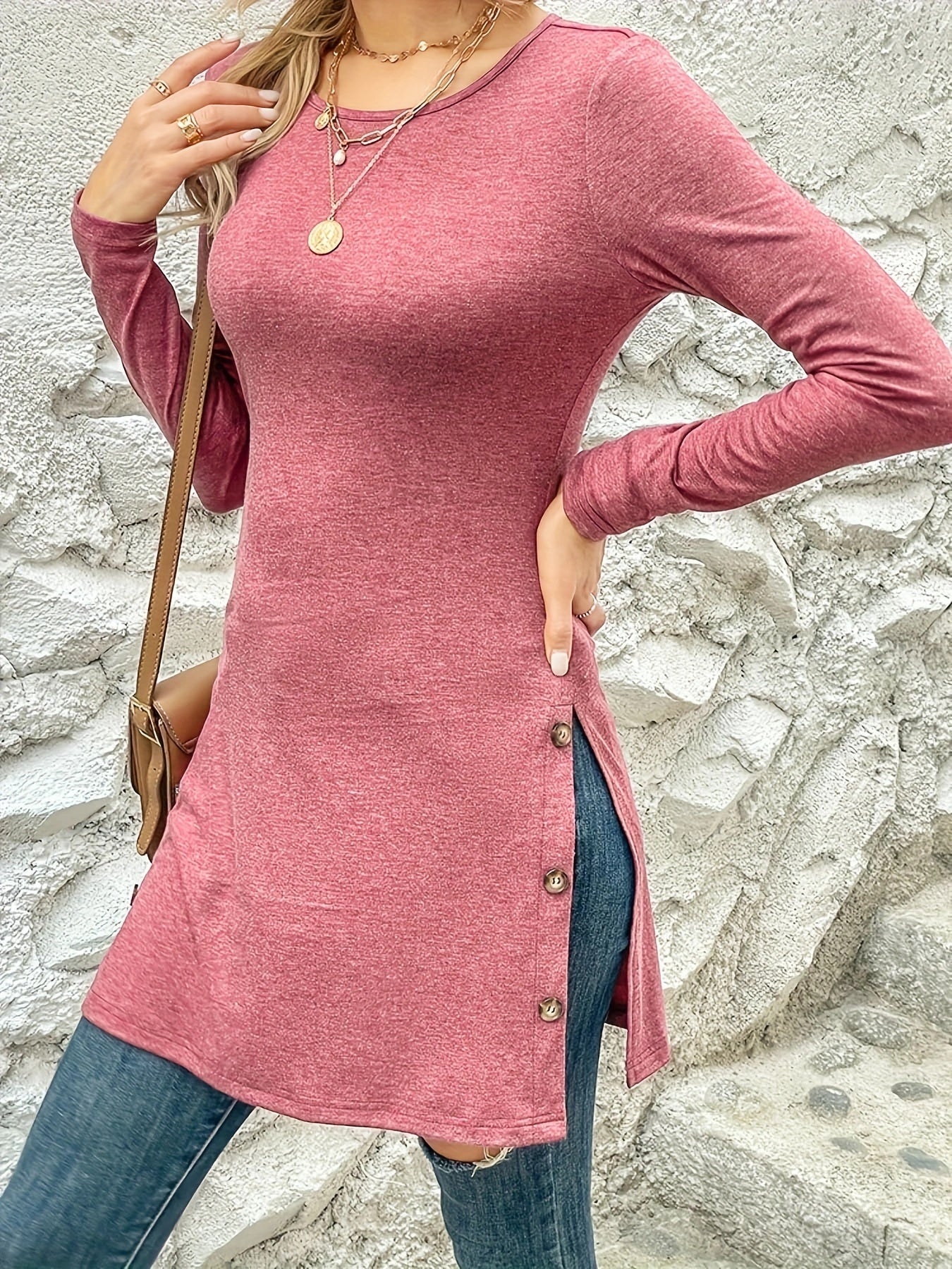 Camiseta elegante de manga larga con cuello redondo para mujer, abertura lateral, tela suave, top informal para otoño e invierno