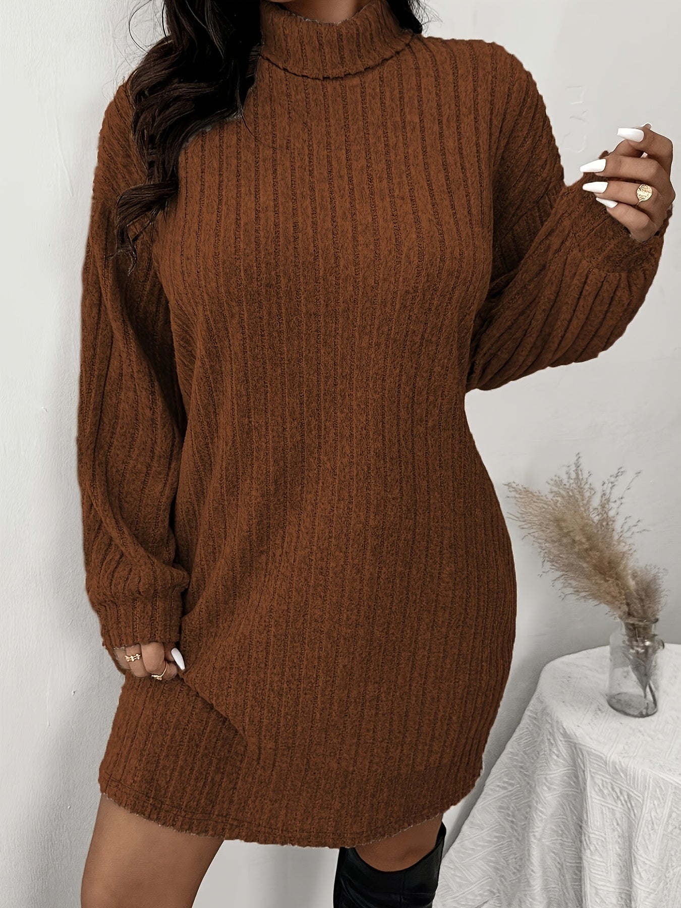 Women'S Plus Size High Neck Rib-Knit Knit Dress, Casual Long Sleeve Knee-Length Pullover