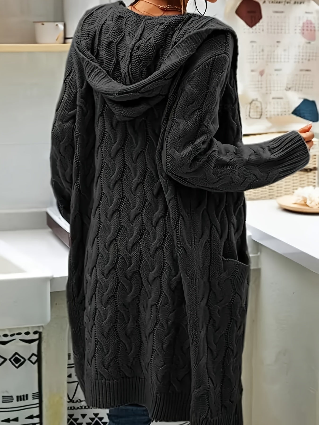 Plus Size Cozy Cardigan - Women's Solid Cable Long Sleeve Open Front Hooded Cardigan with Pockets for Casual Daily Wear