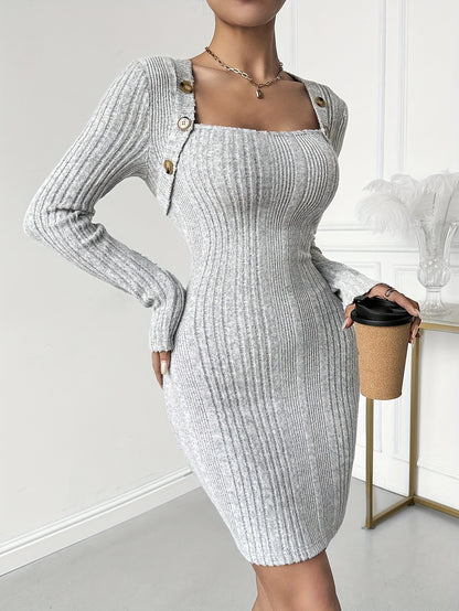 Button Decor Square Neck Ribbed Dress, Elegant Solid Color Long Sleeve Knitted Slim Dress, Women's Clothing