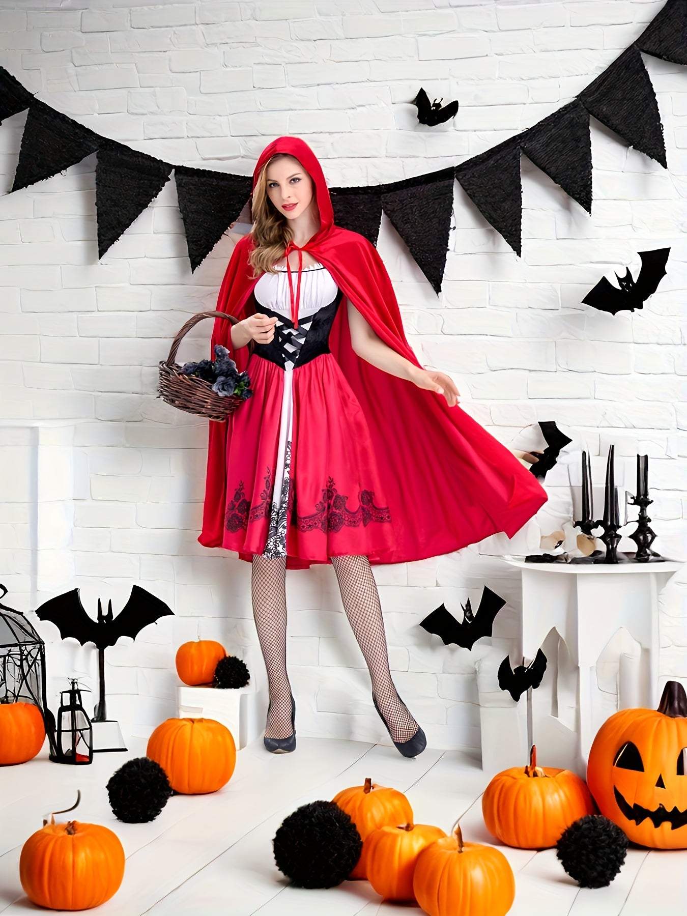 Women's Spooky Red Riding Hood Cosplay Dress - Long Sleeve, Flowy, Cape Cloak, Hooded, Zipper Back, High-Quality Costume Clothings for Halloween Party, Role-Playing, and Photography