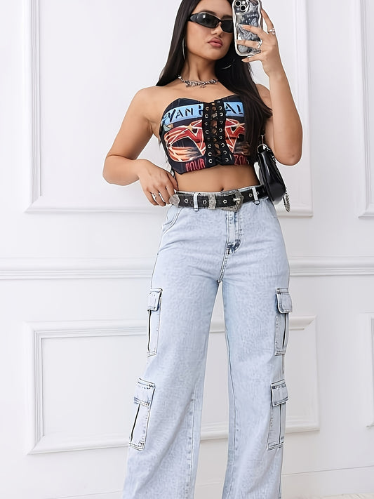 Model wearing a stylish strapless crop top and light blue cargo pants for a trendy casual look.