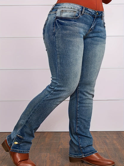 Pantalones vaqueros elásticos de talla grande y ajuste cómodo: botones laterales decorativos, estilo informal, tela suave, corte favorecedor, jeans y ropa de mujer para uso diario