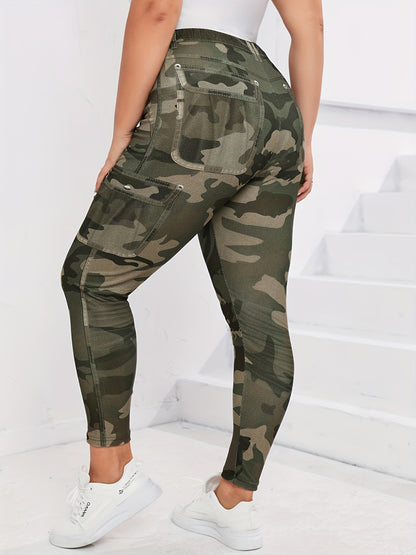 Leggings ajustados con estampado de camuflaje de talla grande y elásticos: leggings de cintura alta, cómodos, suaves y transpirables para primavera y verano: ropa de talla grande para mujeres con curvas