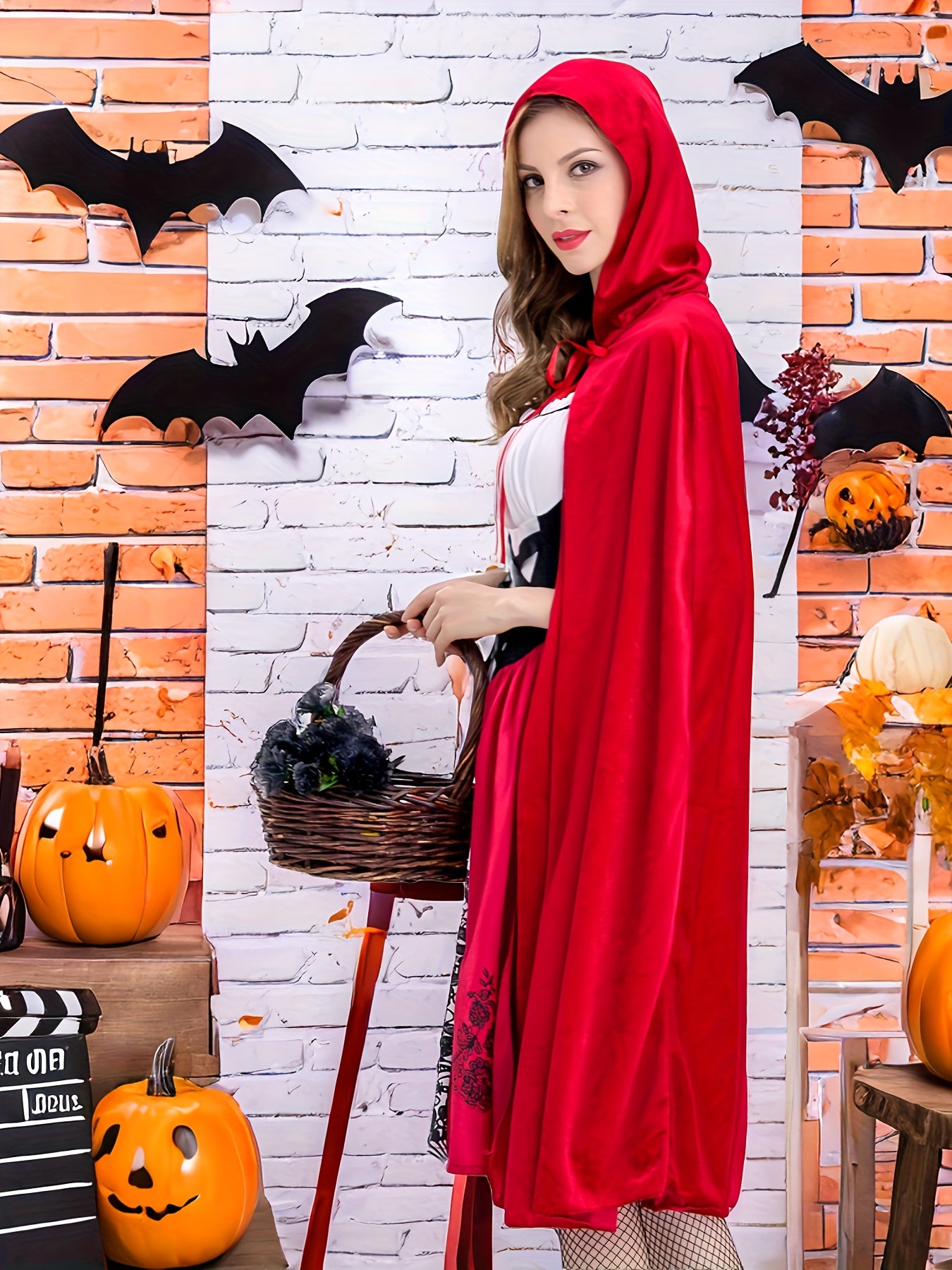 Women's Spooky Red Riding Hood Cosplay Dress - Long Sleeve, Flowy, Cape Cloak, Hooded, Zipper Back, High-Quality Costume Clothings for Halloween Party, Role-Playing, and Photography