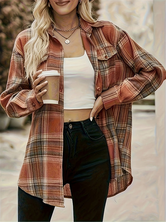 Vibrant Plaid Long Sleeve Shirt - Classic Button Front, Flap Pockets, Relaxed Fit, Soft Fabric, Casual Wear for Women - Perfect for Daily Life, Outdoor Activities, and Travel