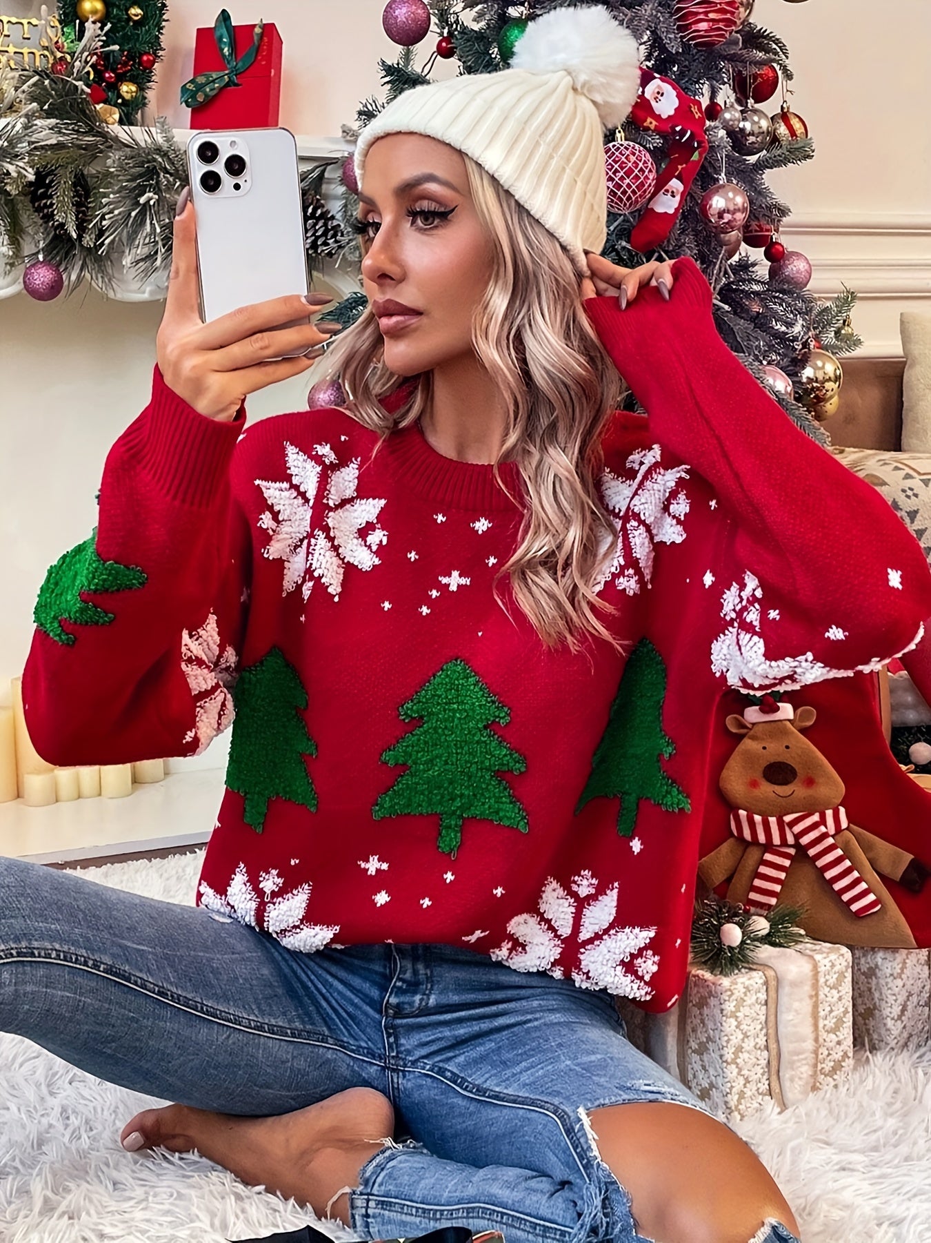 Cozy Christmas Pattern Crew Neck Sweater - Soft, Casual, Long Sleeve, Warm, Fall & Winter Essential - Women's Comfortable Clothing for Holiday Season