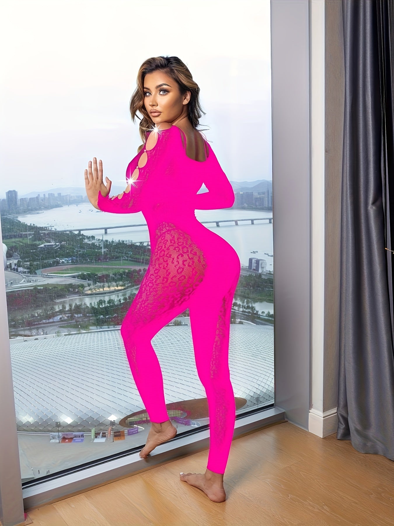 Women's Sexy See Through Leopard Mesh Cut Out One Piece Outfit Bodycon Long Sleeve Jumpsuit