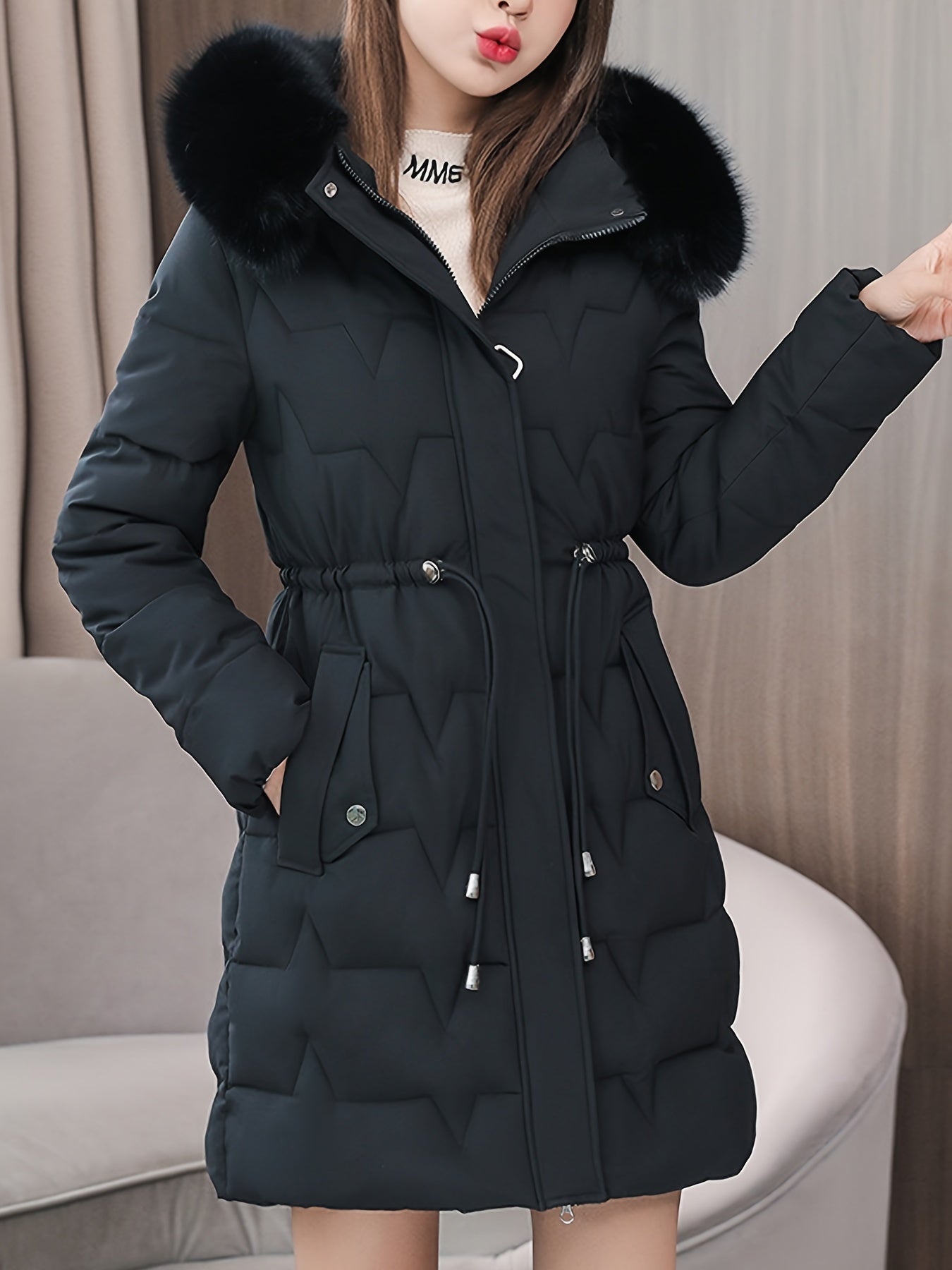 Elegant Women's Winter Coat with Detachable Hood - Long, Warm Puffer Jacket with Faux Fur Trim & Drawstring Waist