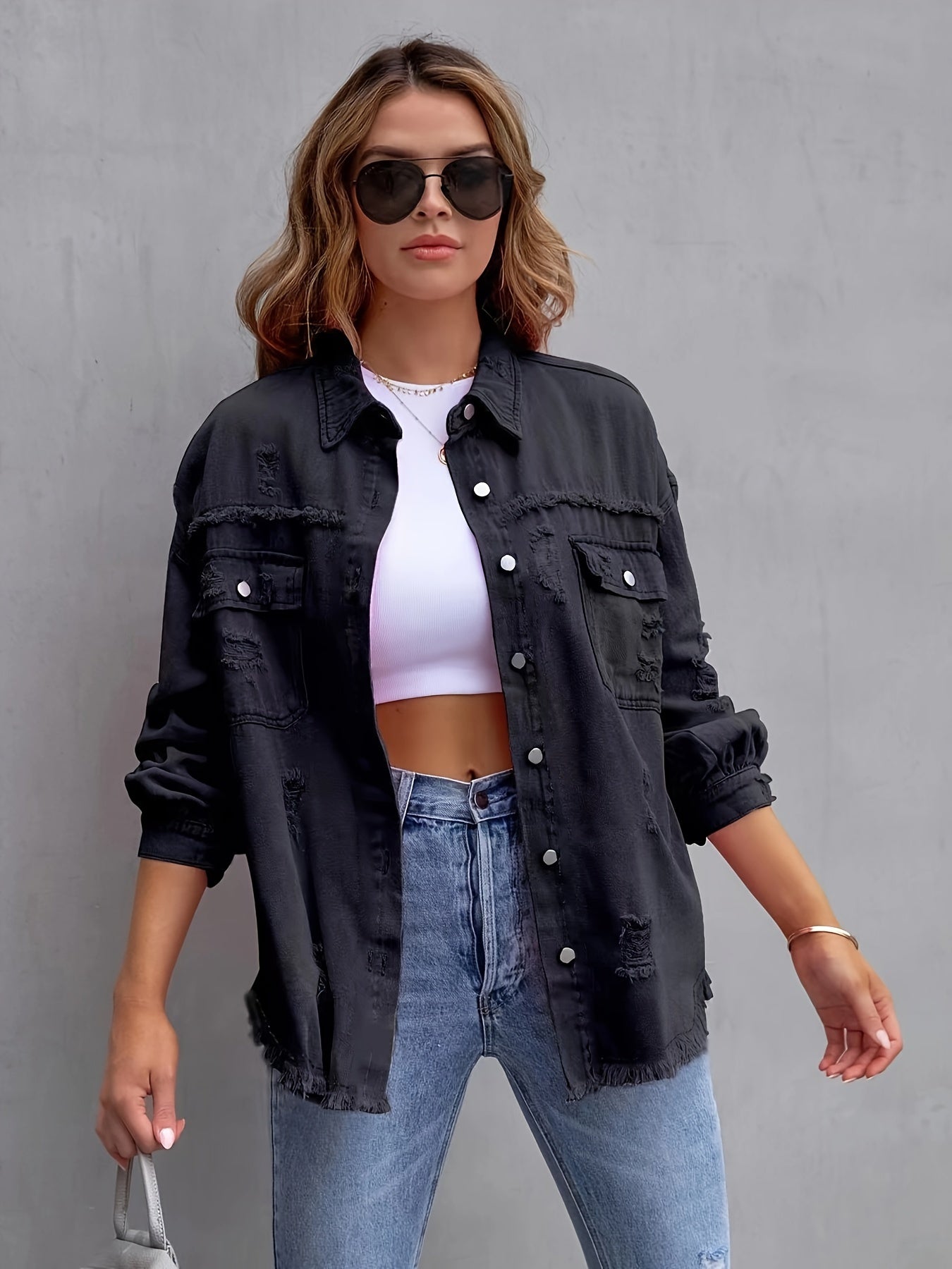 Plus Size Distressed Chic Denim Jacket - Ripped Raw Hem