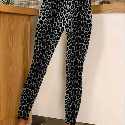 Leggings con estampado de leopardo de talla grande para mujer, elegantes pantalones de punto ajustados de gran elasticidad, mezcla de poliéster y elastano