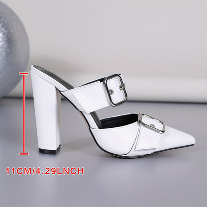 Elegantes mules de punta puntiaguda para mujer con tacones gruesos y adornos de remaches: zapatos de vestir con hebillas decorativas y fáciles de poner para una fiesta elegante