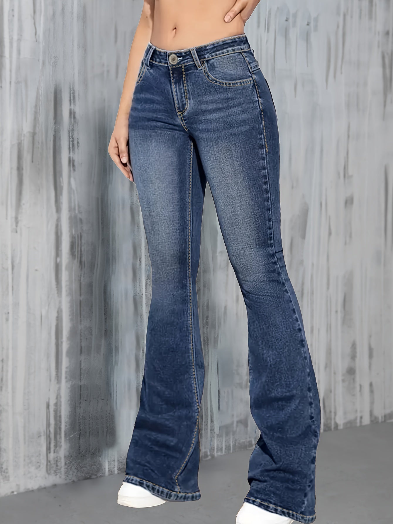 Long Length High-Waist Slim Fit Flared Blue Denim Jeans - Stretchy, Washed, Button Fly, Street Style Bell Bottom Pants for Weekend Casual - Machine Washable, All-Season Wear