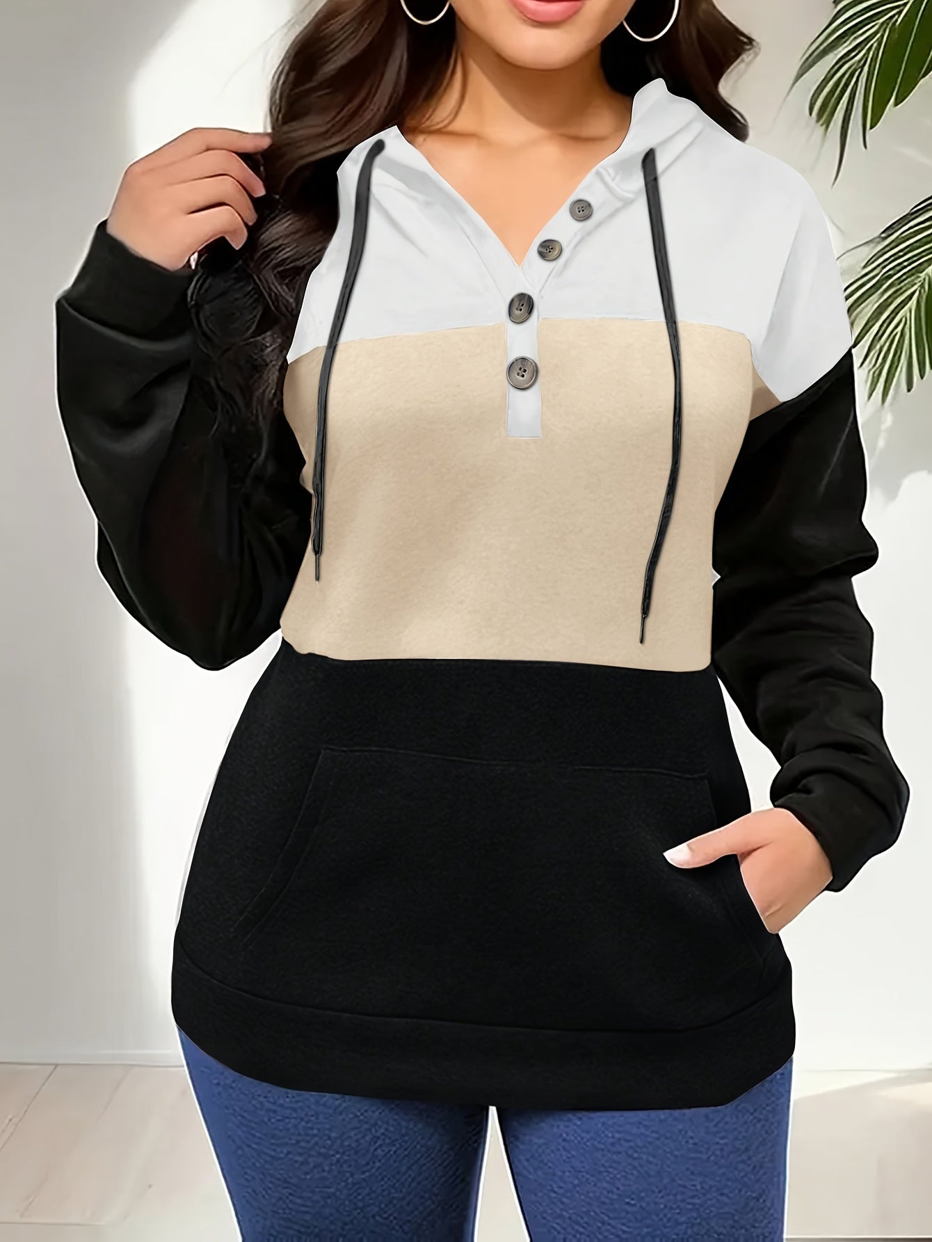 Plus Size Color Block Drawstring Hoodie, Casual Long Sleeve Kangaroo Pocket Button Front Hooded Sweatshirt