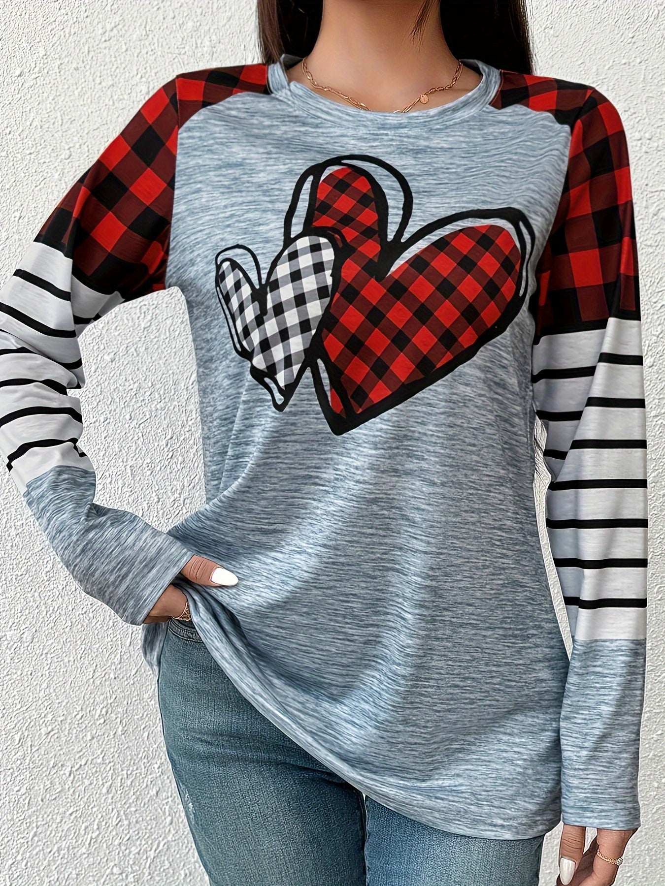 Plaid & Heart Print T-shirt, Casual Long Sleeve Crew Neck Top